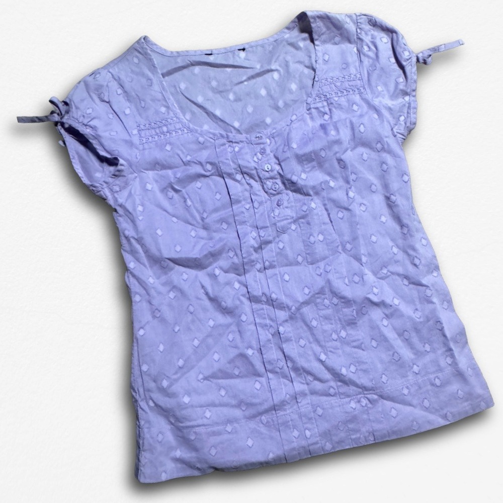 Lavender Purple Diamond Clip Dot Short Sleeve Blouse Square Neck Boho Top